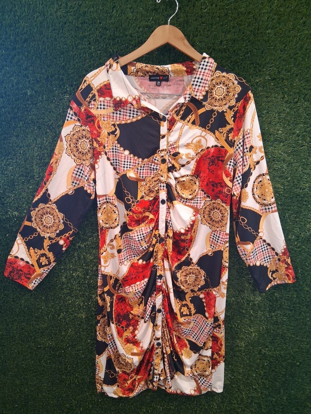 Absolutely Love It Baroque Chain Print Shirt Dress Ruched Plus Size 3X Red Gold
